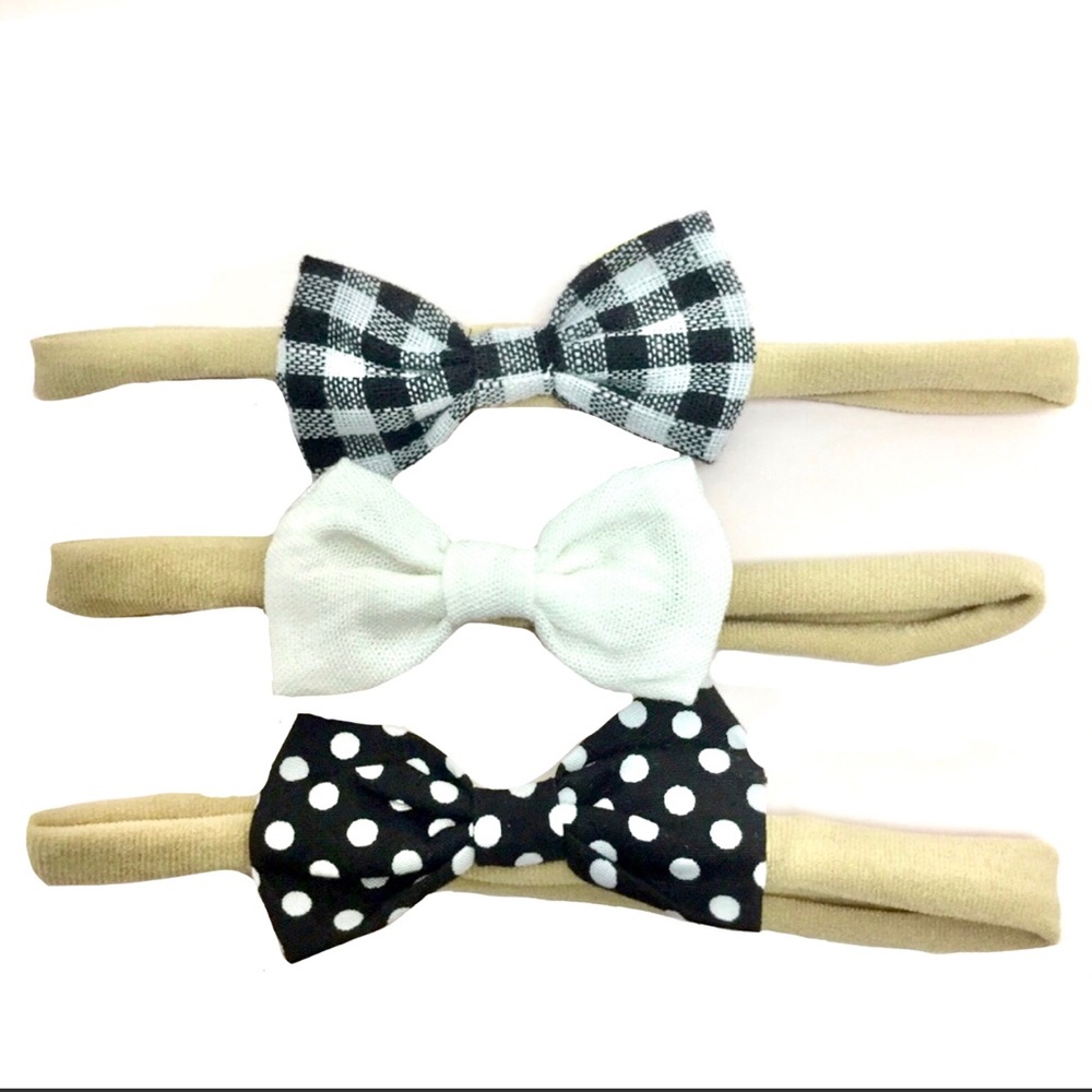 Girl's Stretchy Bow Headbands Variety Three Pack Set-White, Polka Dot & Plaid